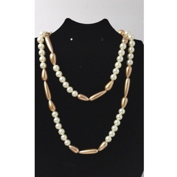 Hollywood Regency Faux Pearl Necklace Champagne Tear Drop Cylinder 38" Graduated - Picture 1 of 6